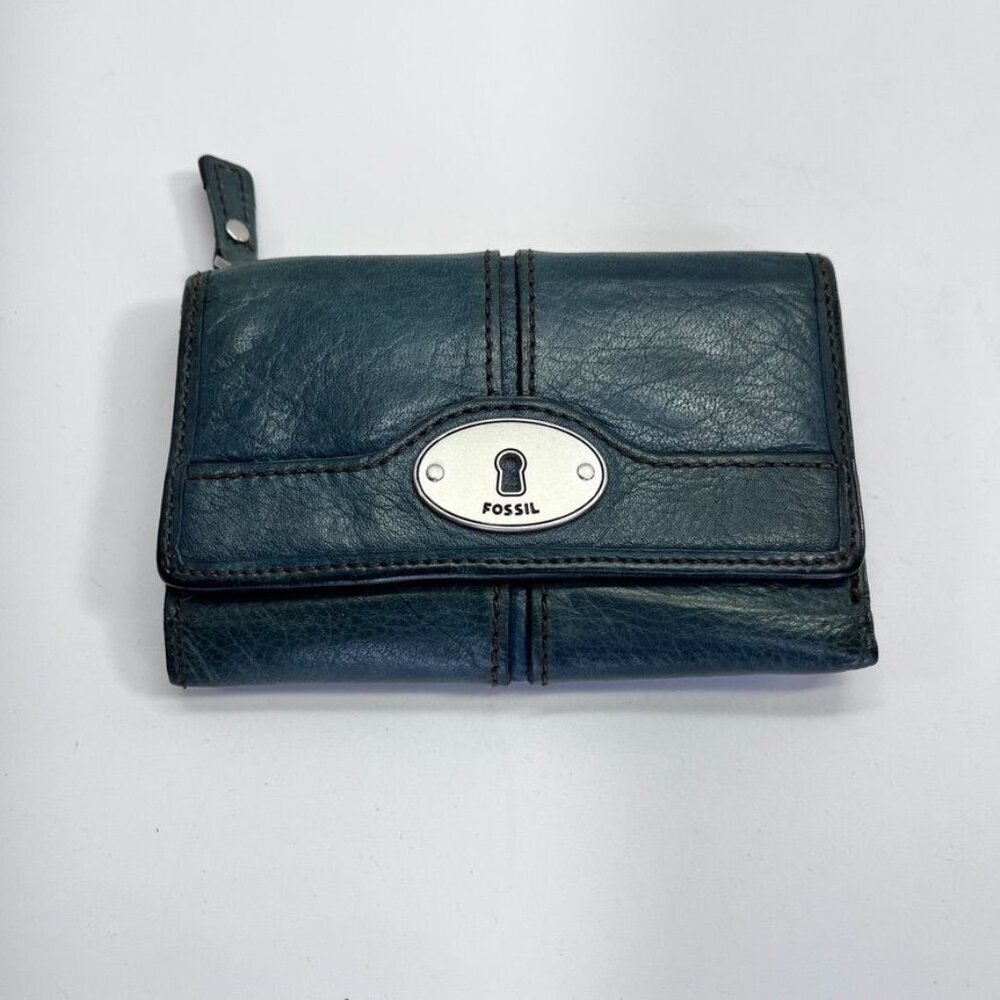 Fossil Maddox Leather Zip Around Wallet Clutch In Black Silver Trim